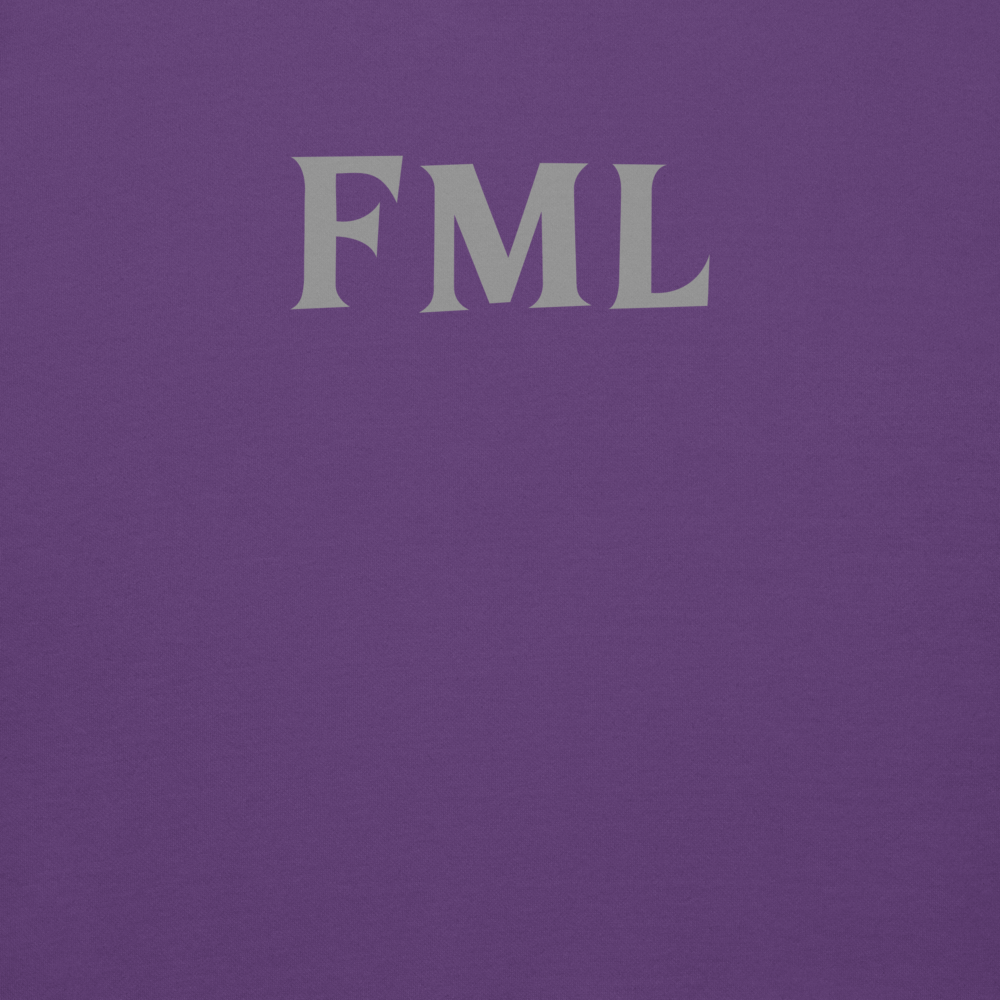 "FML" printed on a purple background