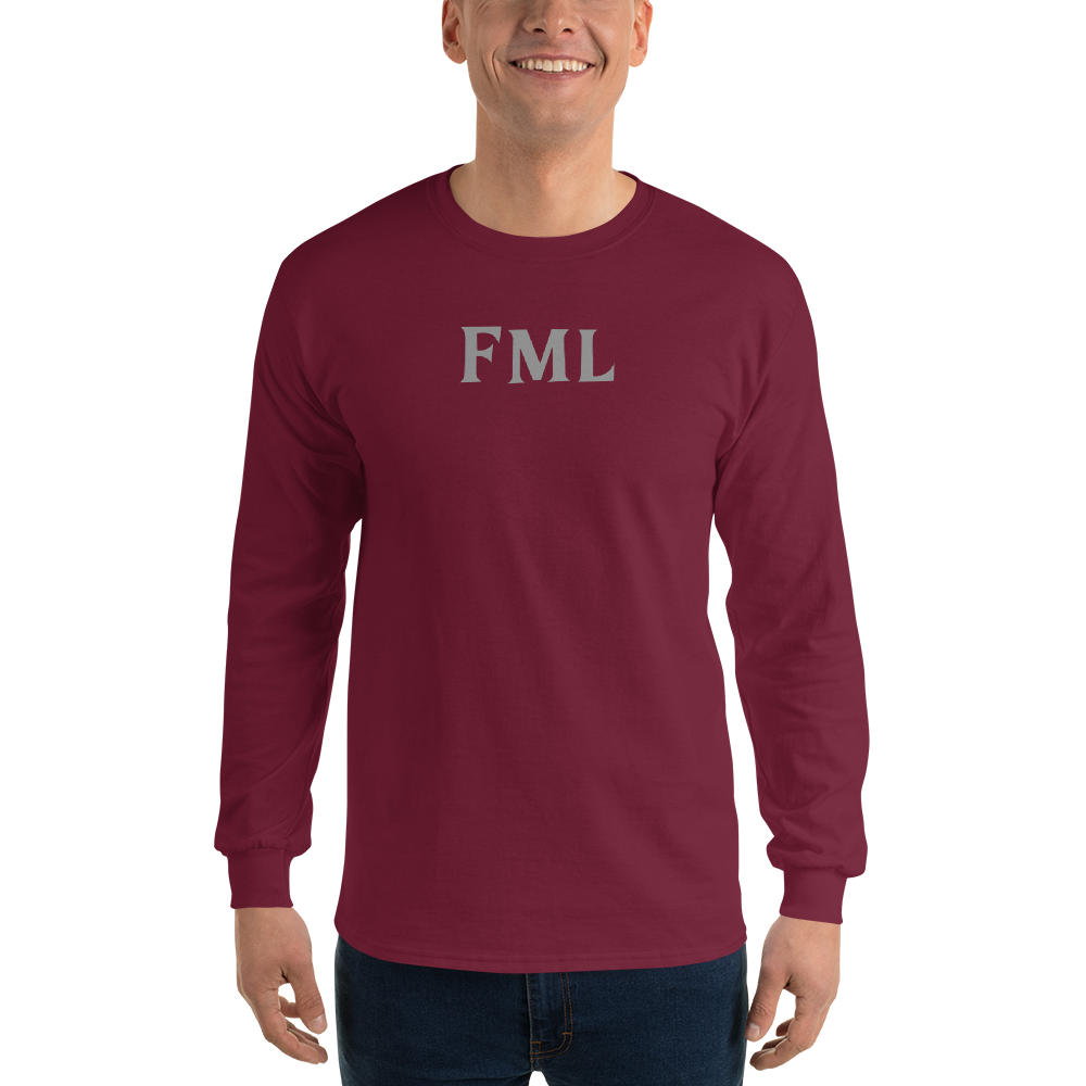 "FML" printed on a maroon men's long sleeve shirt worn by a male