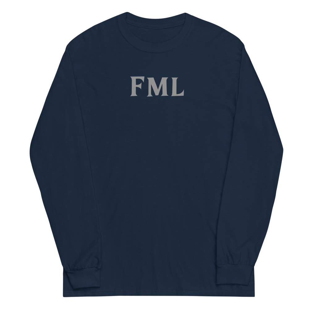 "FML" printed on a navy men's long sleeve shirt laying on a flat surface