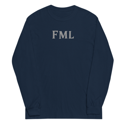 "FML" printed on a navy men's long sleeve shirt laying on a flat surface