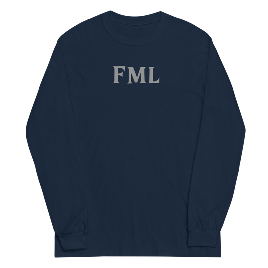 "FML" printed on a navy men's long sleeve shirt laying on a flat surface