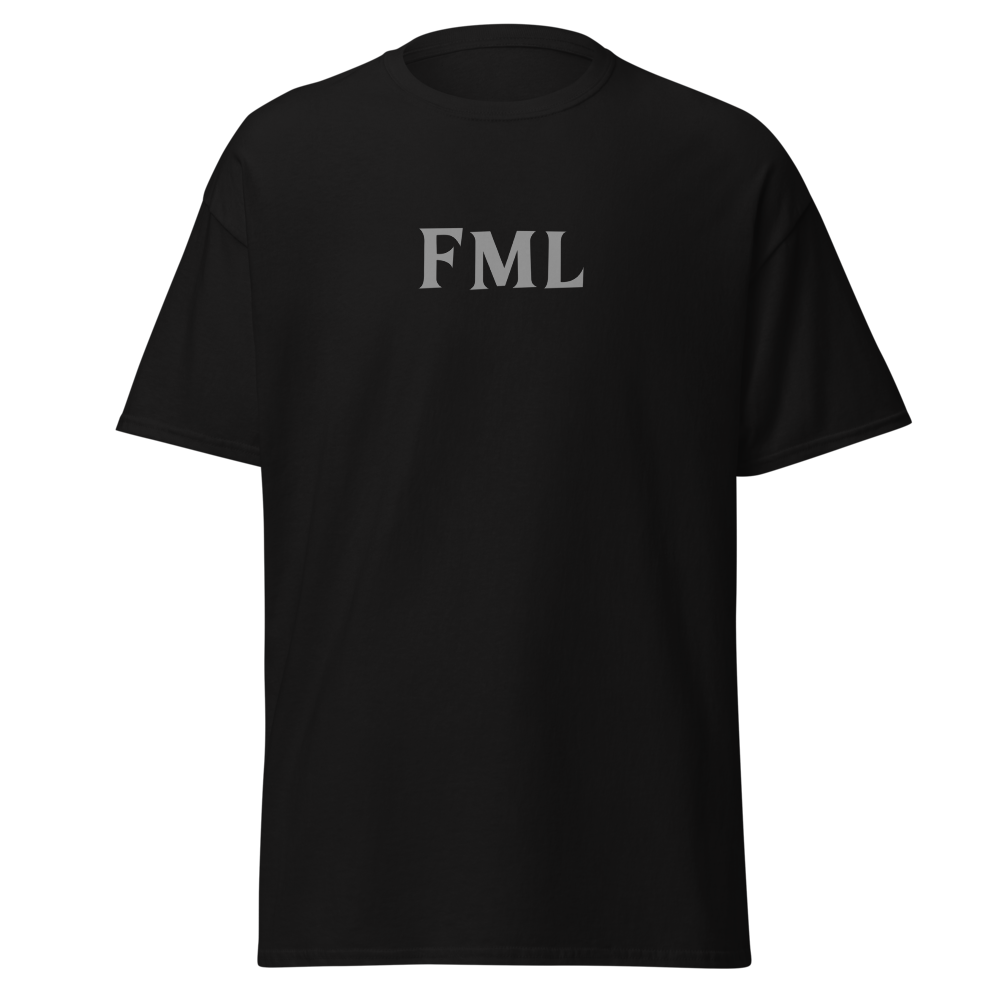 "FML" printed on a black on an invisible body