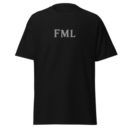 "FML" printed on a black on an invisible body