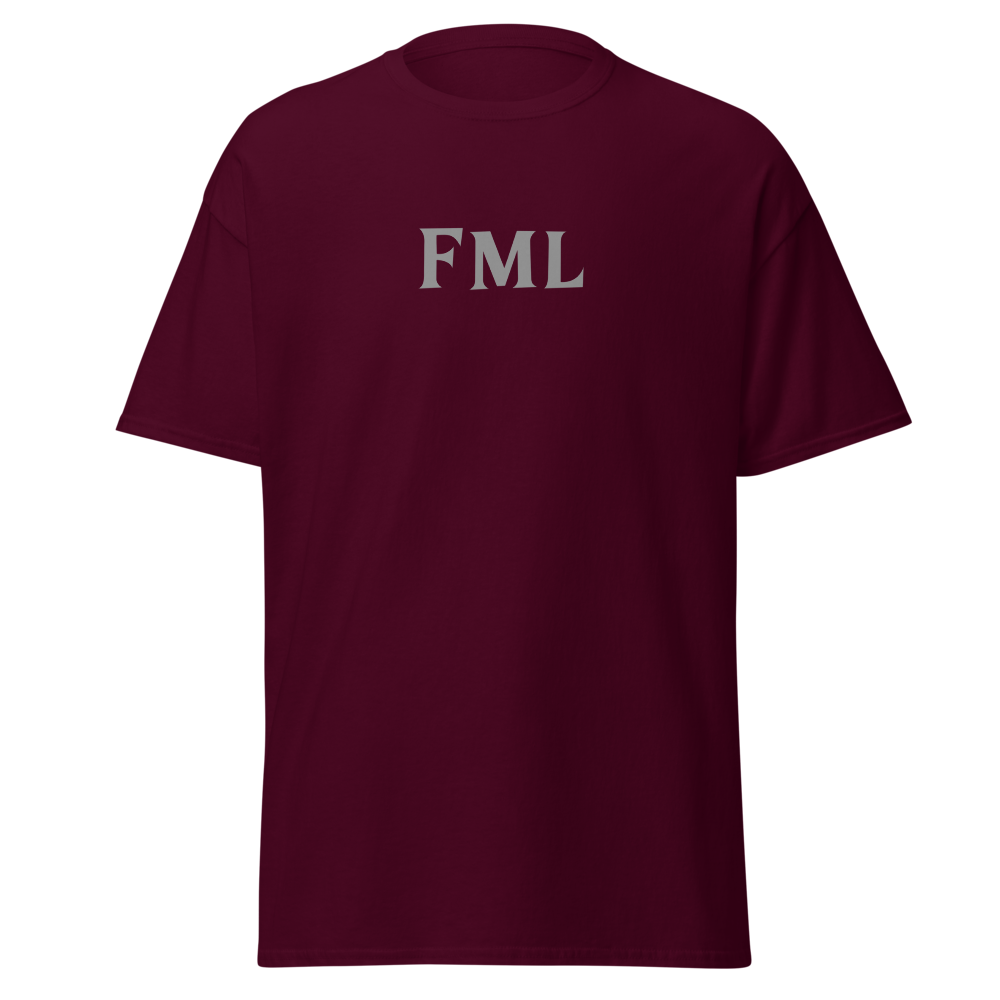 "FML" printed on a maroon on an invisible body