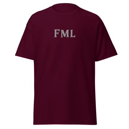 "FML" printed on a maroon on an invisible body