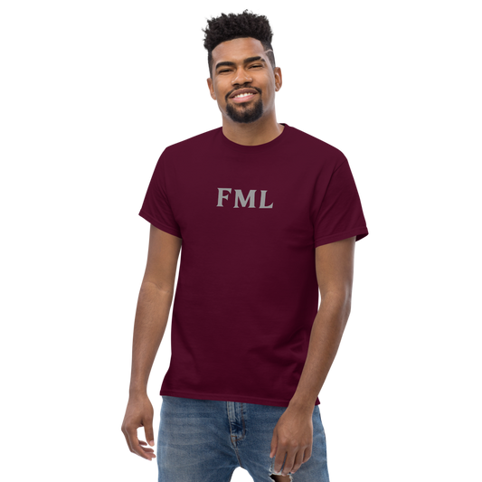"FML" printed on a maroon unisex classic tee worn by a male