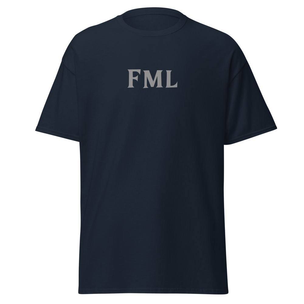 "FML" printed on a navy on an invisible body