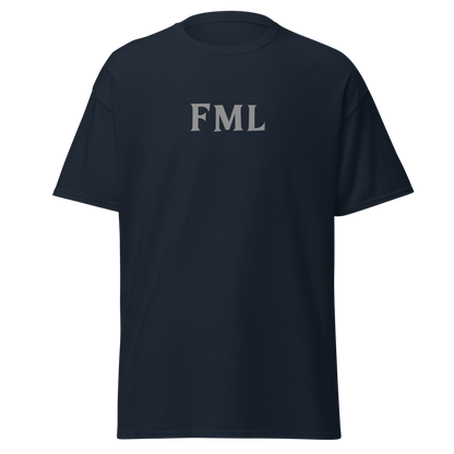 "FML" printed on a navy on an invisible body