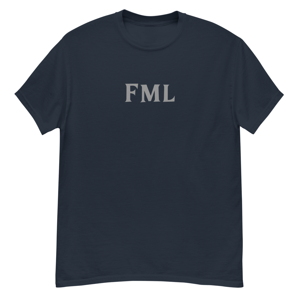 "FML" printed on a navy unisex classic tee laying on a flat surface