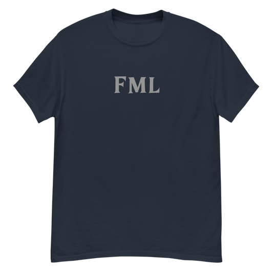 "FML" printed on a navy unisex classic tee laying on a flat surface
