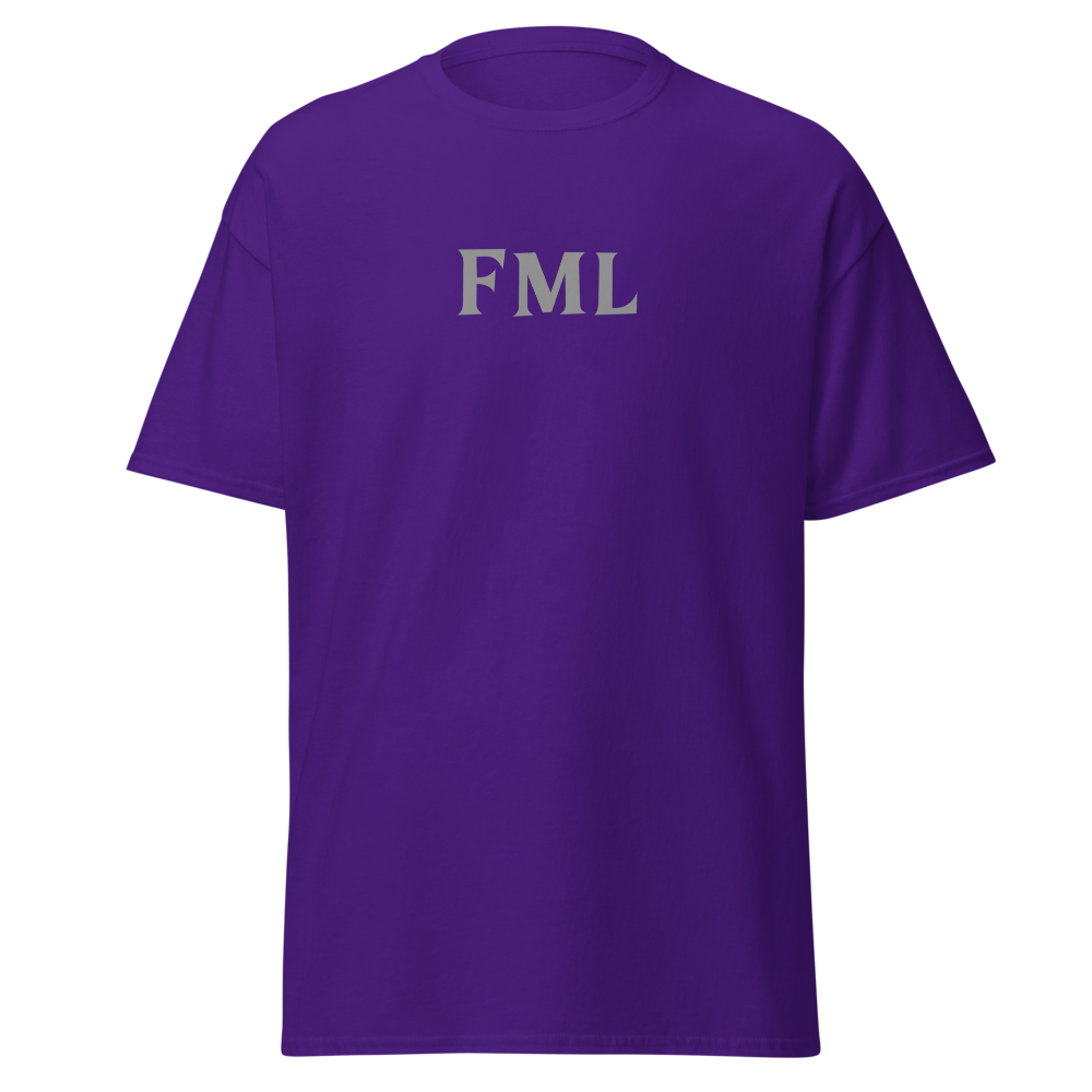 "FML" printed on a purple on an invisible body