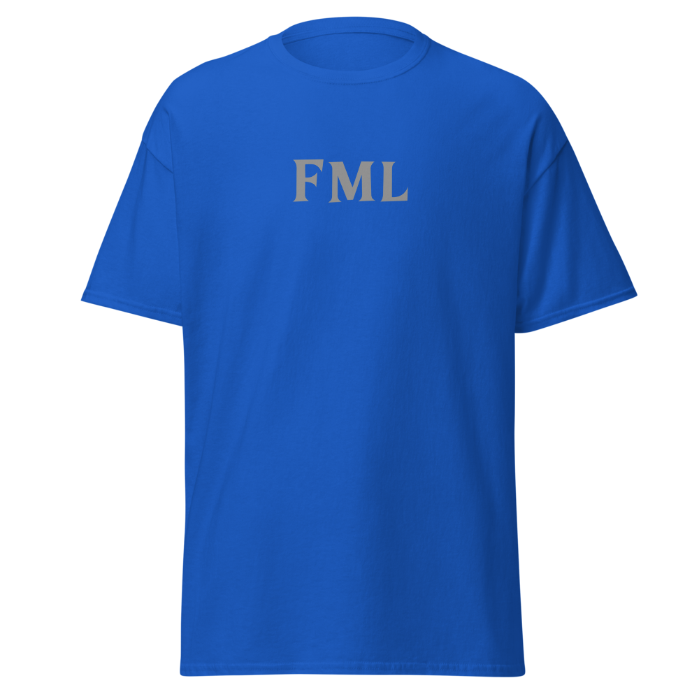 "FML" printed on a royal on an invisible body