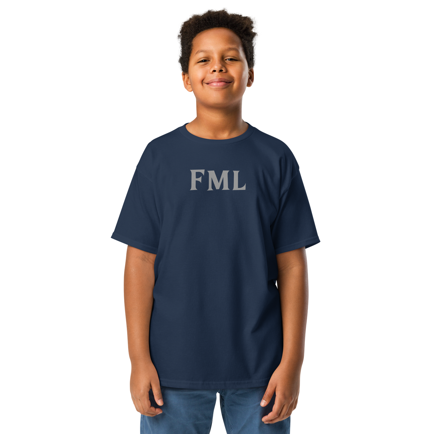 "FML" printed on a navy youth classic tee worn by a male