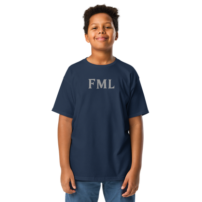 "FML" printed on a navy youth classic tee worn by a male