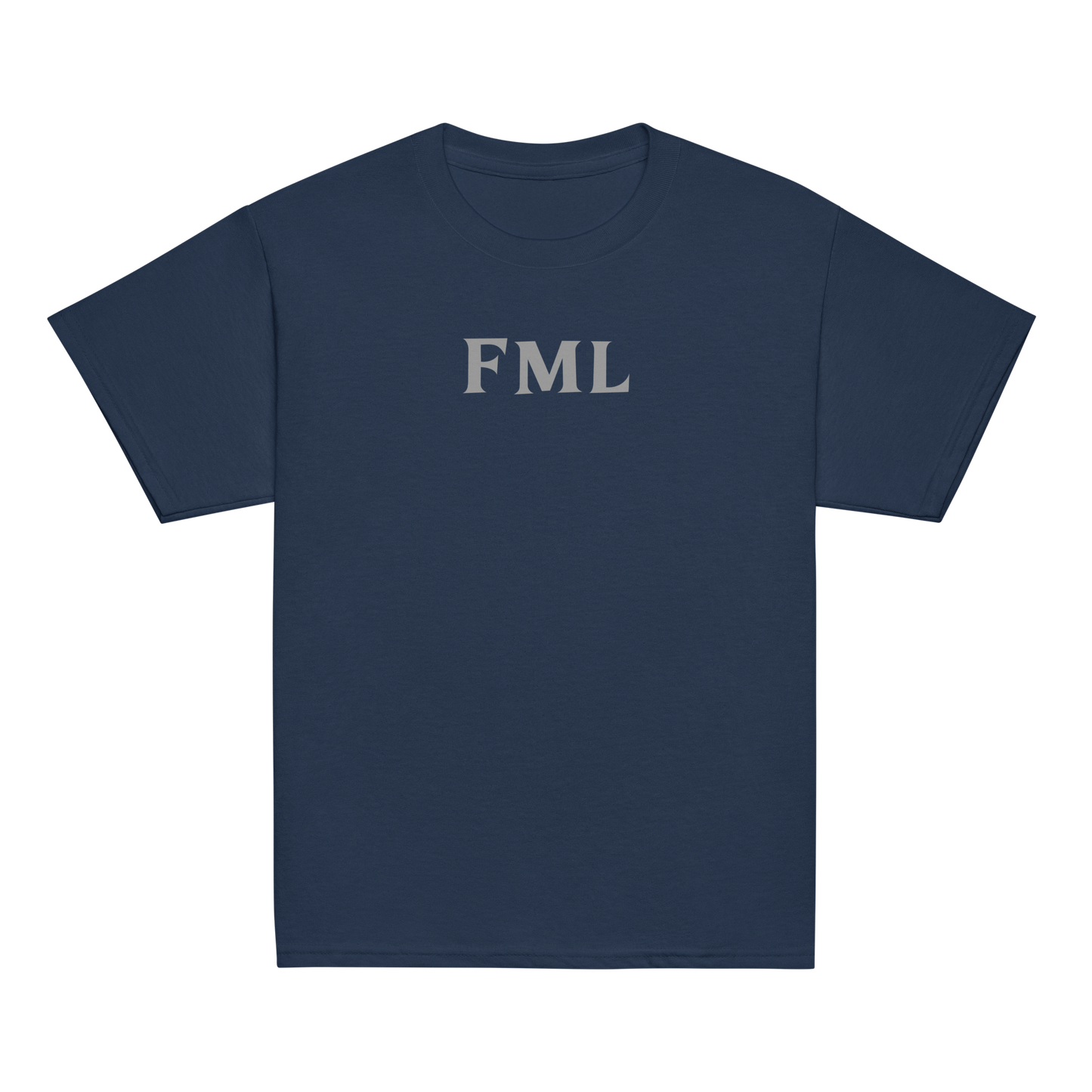 "FML" printed on a navy youth classic tee laying on a flat surface
