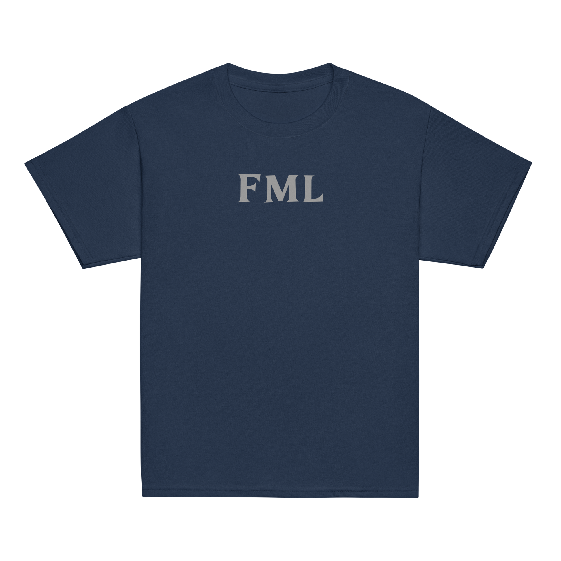 "FML" printed on a navy youth classic tee laying on a flat surface
