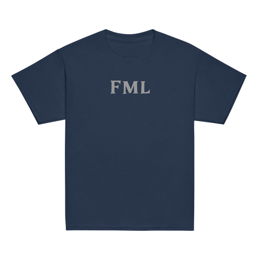 "FML" printed on a navy youth classic tee laying on a flat surface