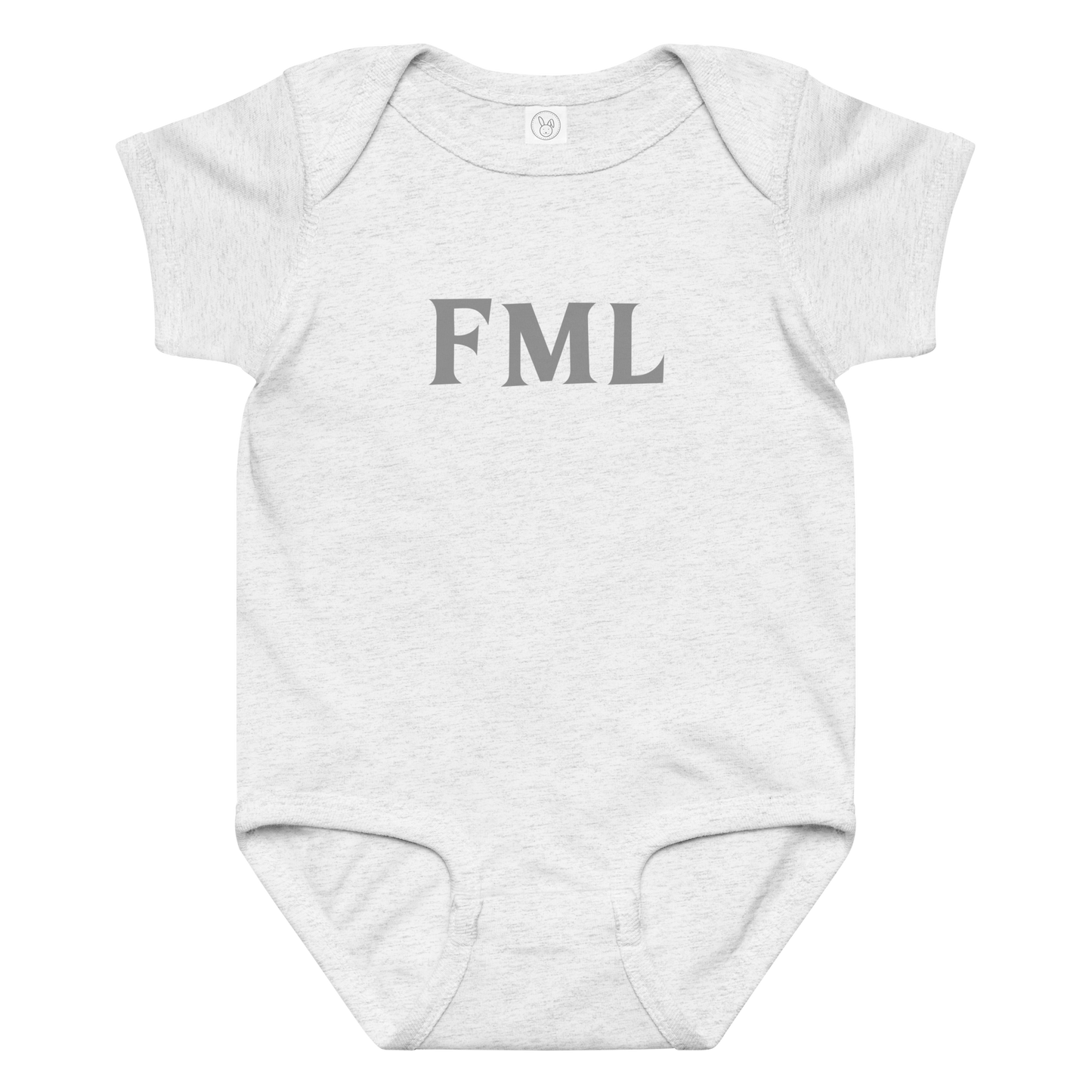 "FML" printed on a ash baby jersey bodysuit laying on a flat surface amongst other clothes