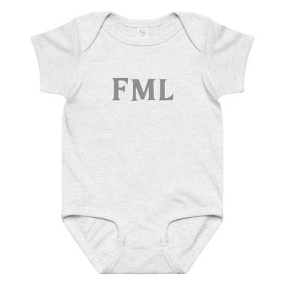 "FML" printed on a ash baby jersey bodysuit laying on a flat surface amongst other clothes