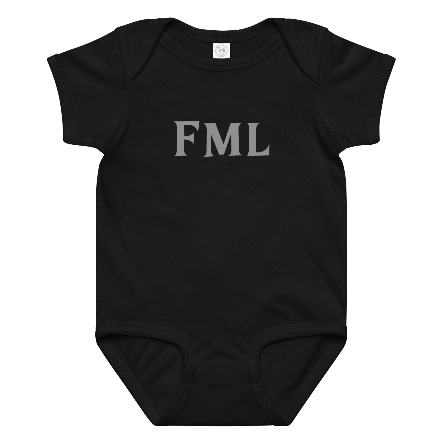 "FML" printed on a black baby jersey bodysuit laying on a flat surface amongst other clothes
