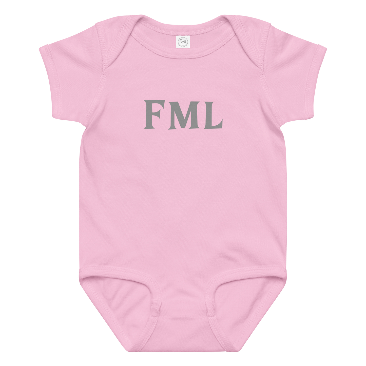 "FML" printed on a pink baby jersey bodysuit laying on a flat surface amongst other clothes