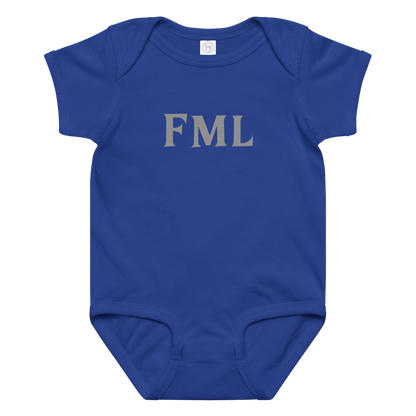 "FML" printed on a royal baby jersey bodysuit laying on a flat surface amongst other clothes