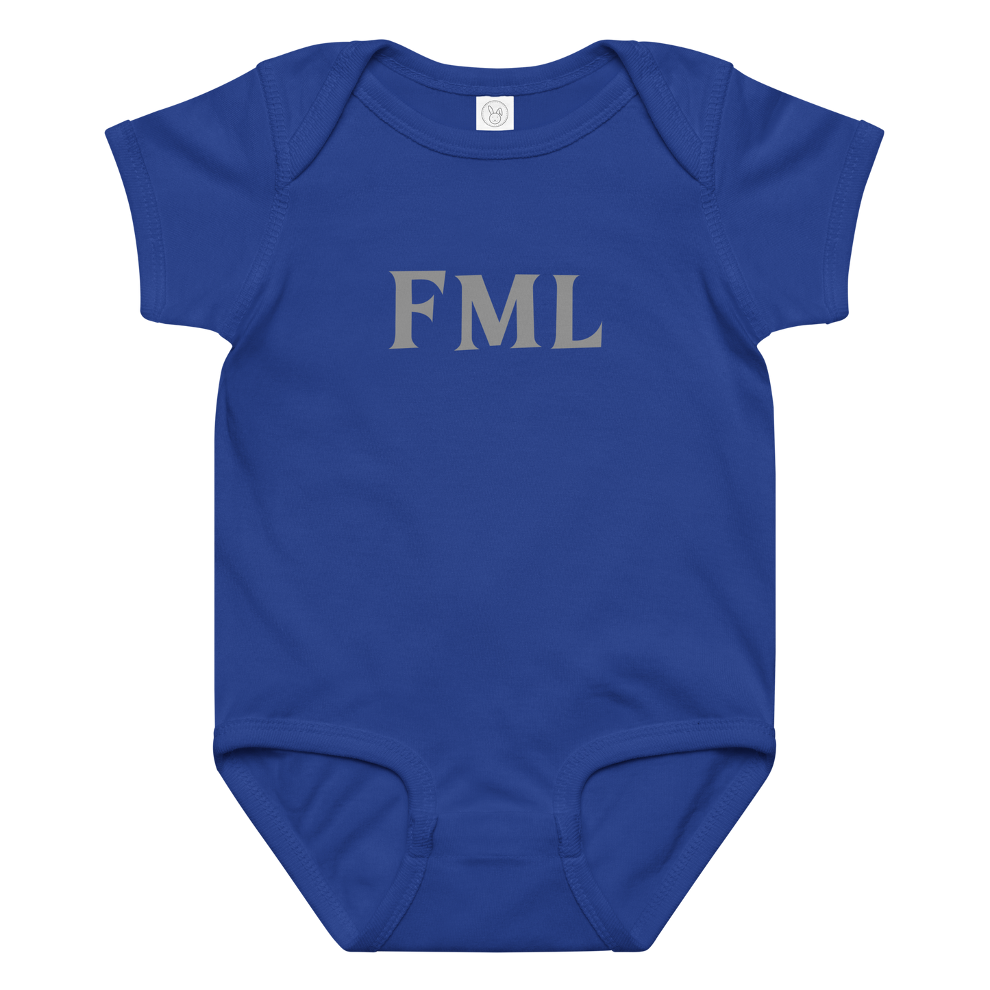 "FML" printed on a royal baby jersey bodysuit laying on a flat surface amongst other clothes