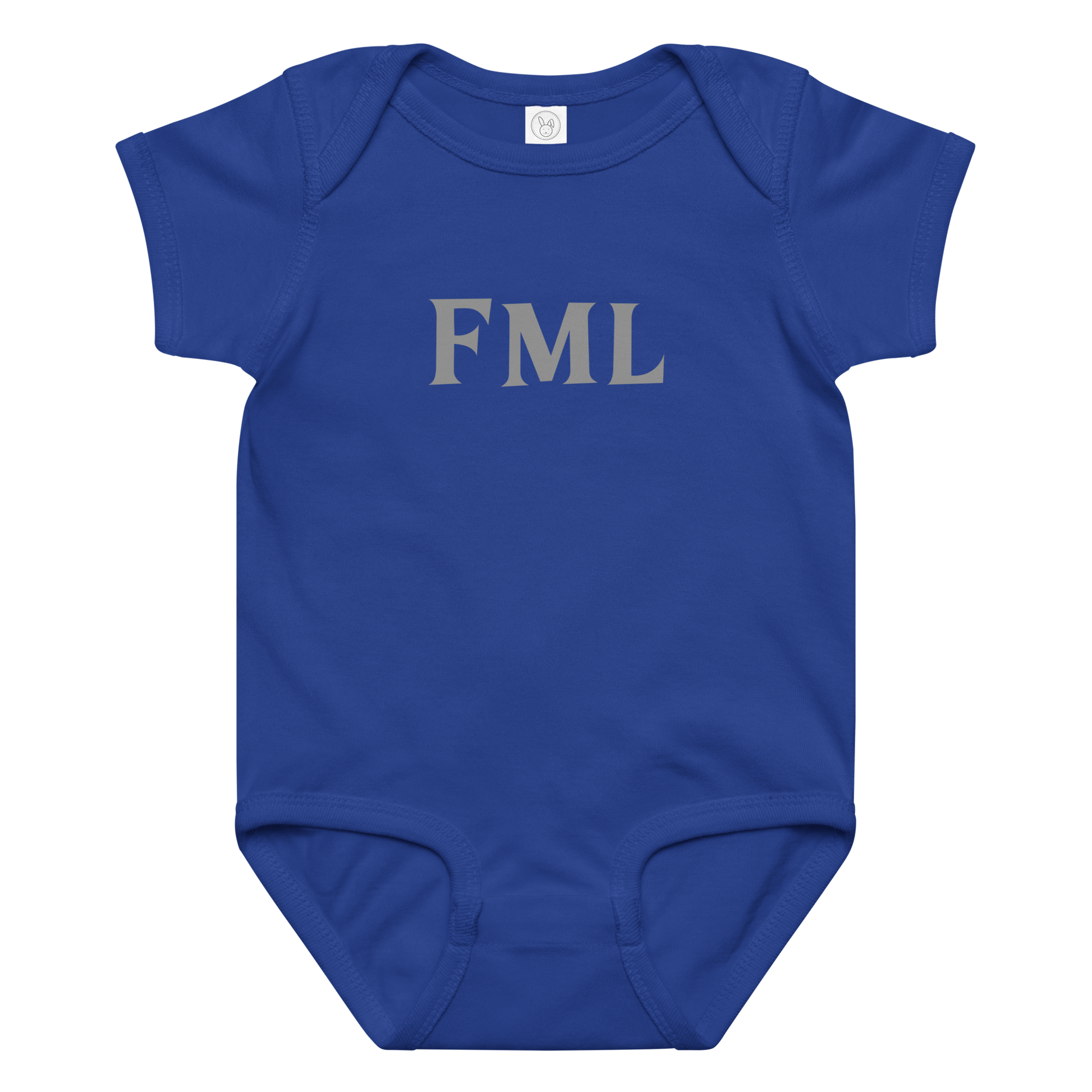 "FML" printed on a royal baby jersey bodysuit laying on a flat surface amongst other clothes