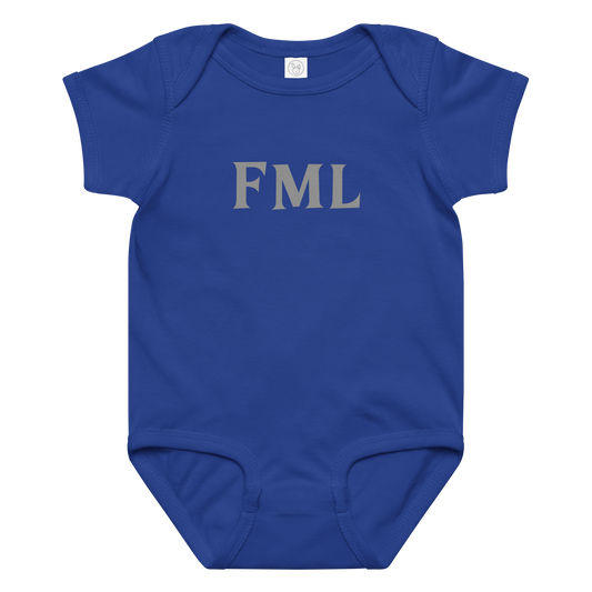 "FML" printed on a royal baby jersey bodysuit laying on a flat surface amongst other clothes