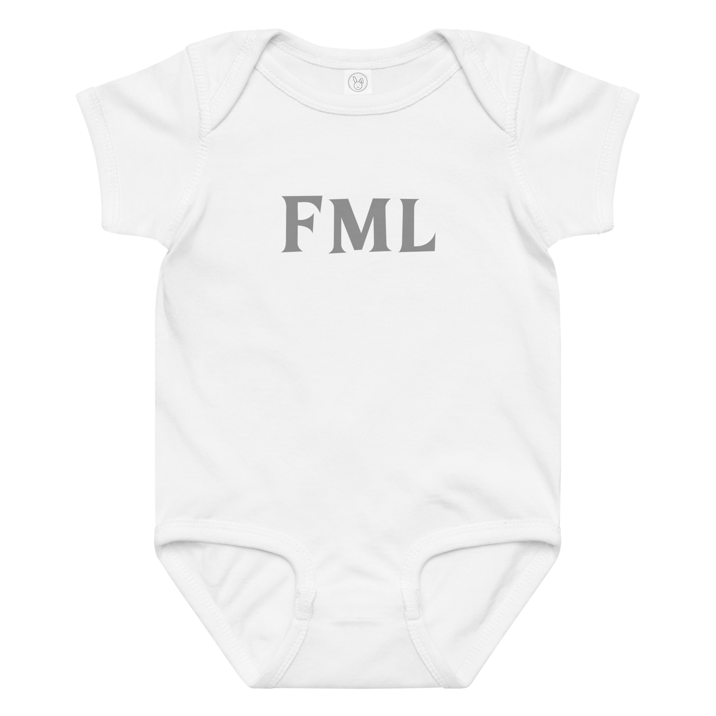 "FML" printed on a white baby jersey bodysuit laying on a flat surface amongst other clothes