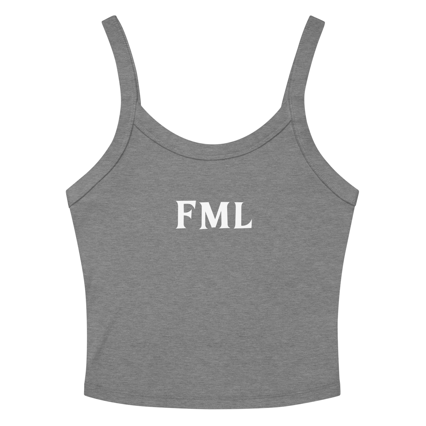 "FML" printed on a athletic heather women's micro-rib tanktop laying on a flat surface amongst sunglasses and shorts
