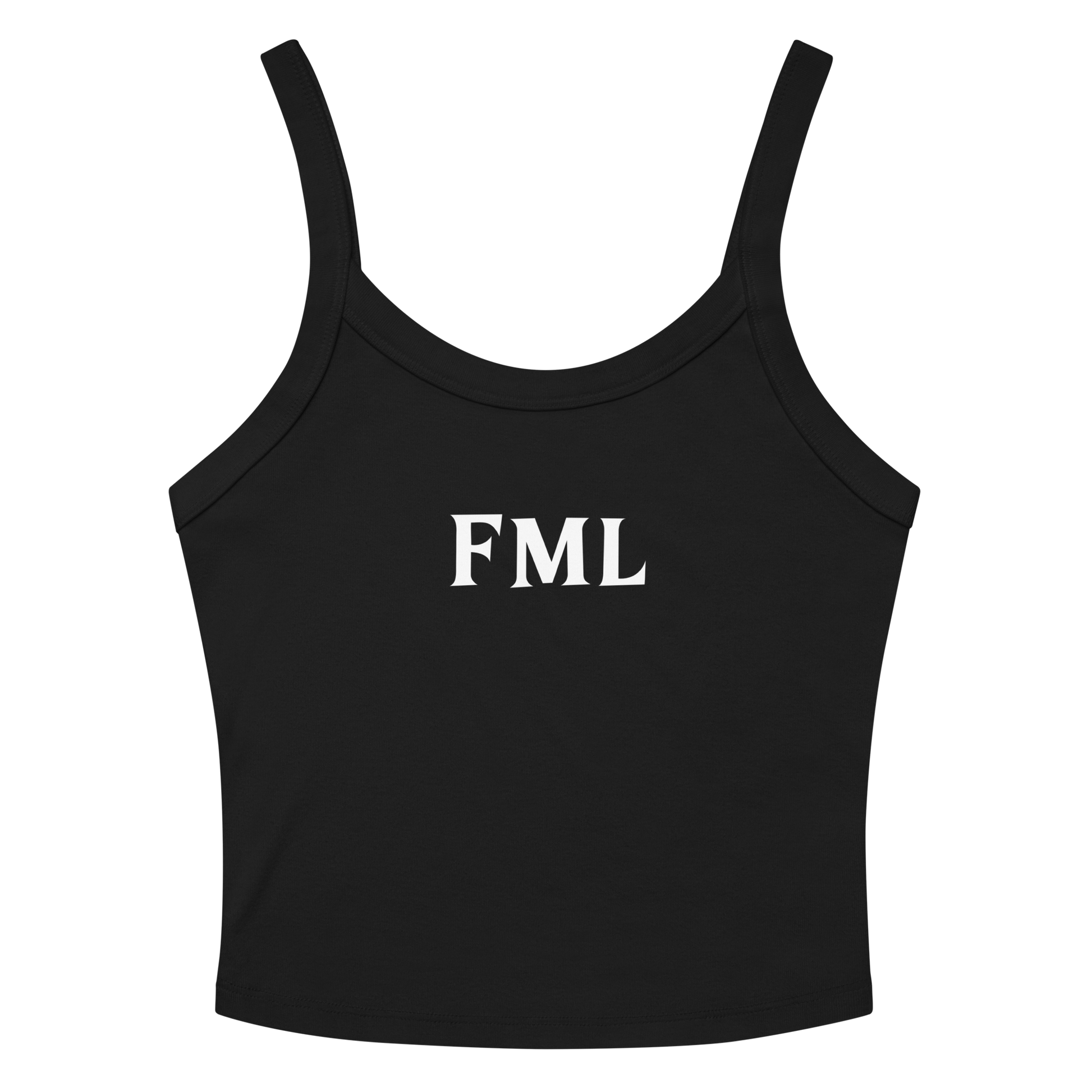"FML" printed on a solid black blend women's micro-rib tanktop laying on a flat surface amongst sunglasses and shorts