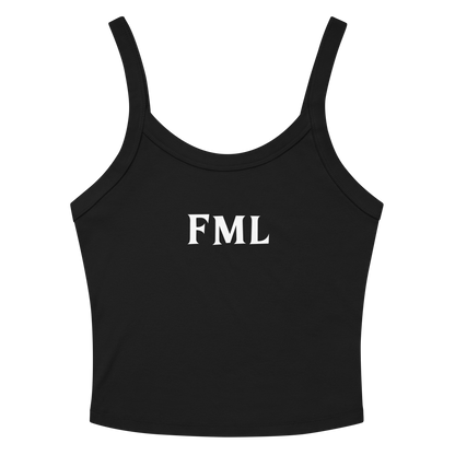 "FML" printed on a solid black blend women's micro-rib tanktop laying on a flat surface amongst sunglasses and shorts