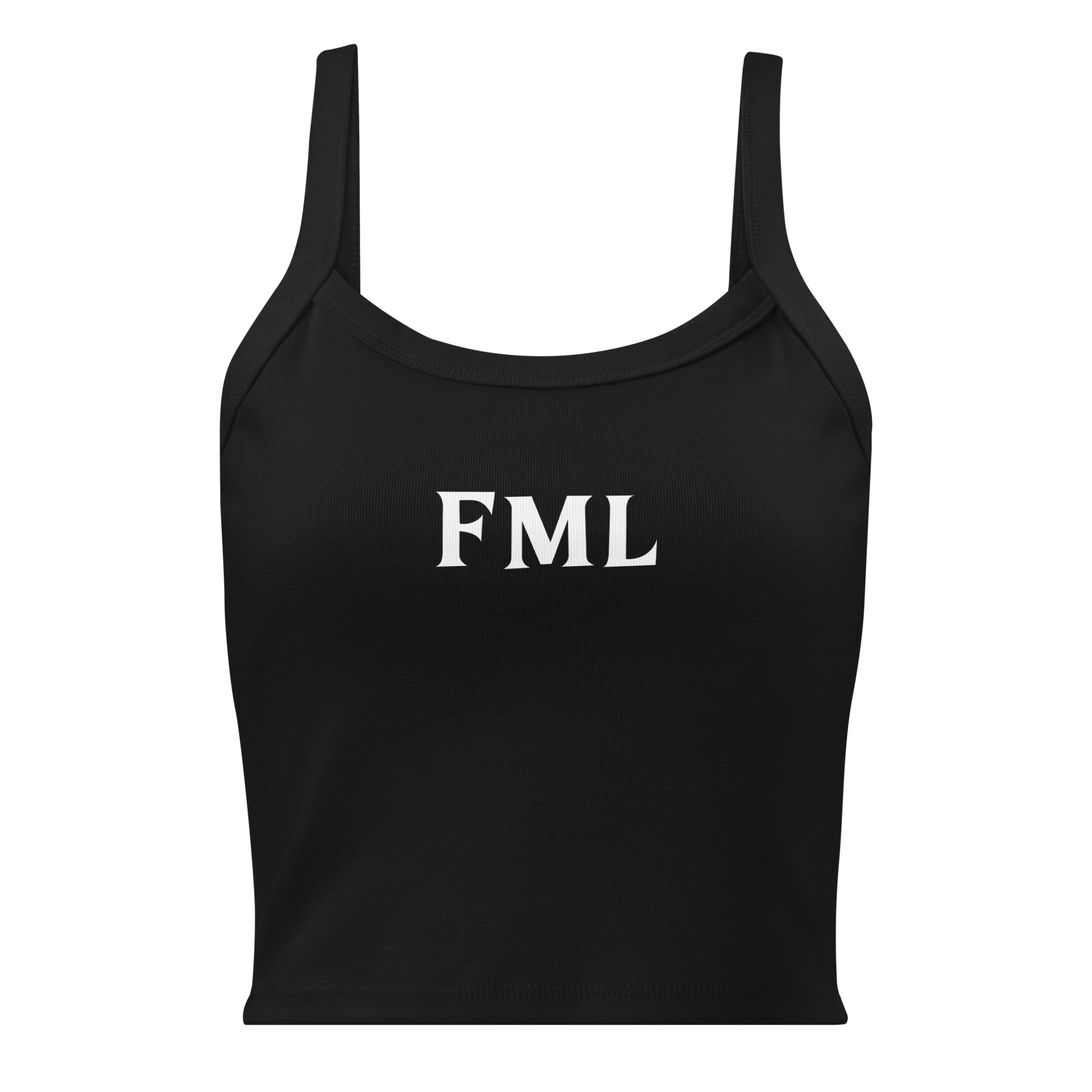 "FML" printed on a solid black blend women's micro-rib tanktop laying on a flat surface