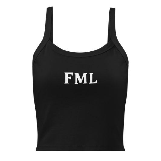 "FML" printed on a solid black blend women's micro-rib tanktop laying on a flat surface