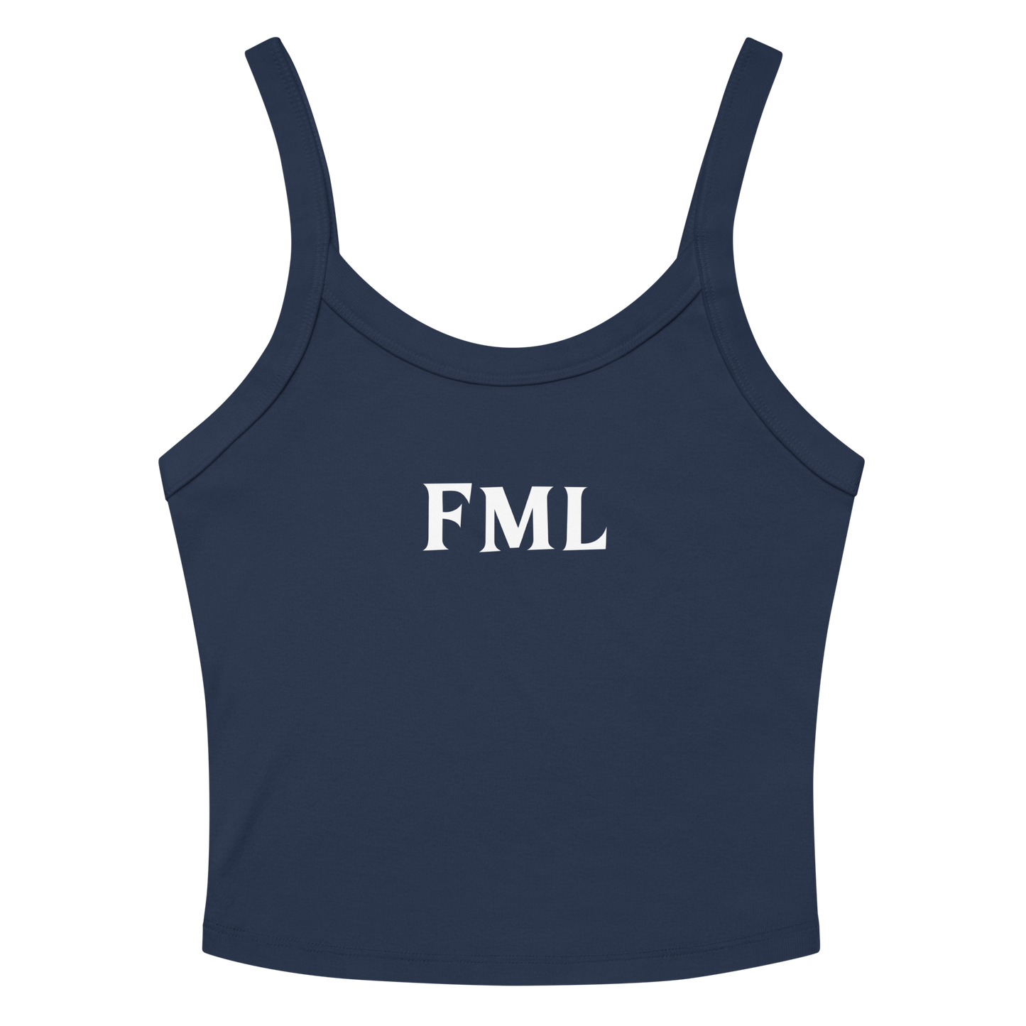 "FML" printed on a solid navy blend women's micro-rib tanktop laying on a flat surface amongst sunglasses and shorts