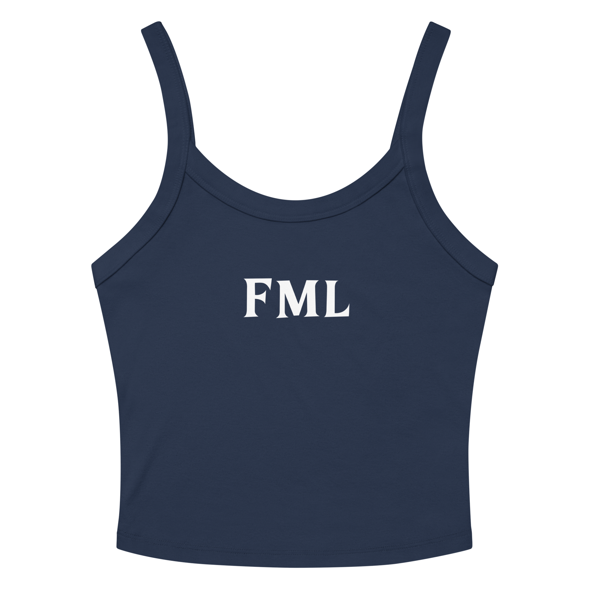 "FML" printed on a solid navy blend women's micro-rib tanktop laying on a flat surface amongst sunglasses and shorts
