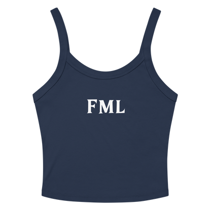 "FML" printed on a solid navy blend women's micro-rib tanktop laying on a flat surface amongst sunglasses and shorts