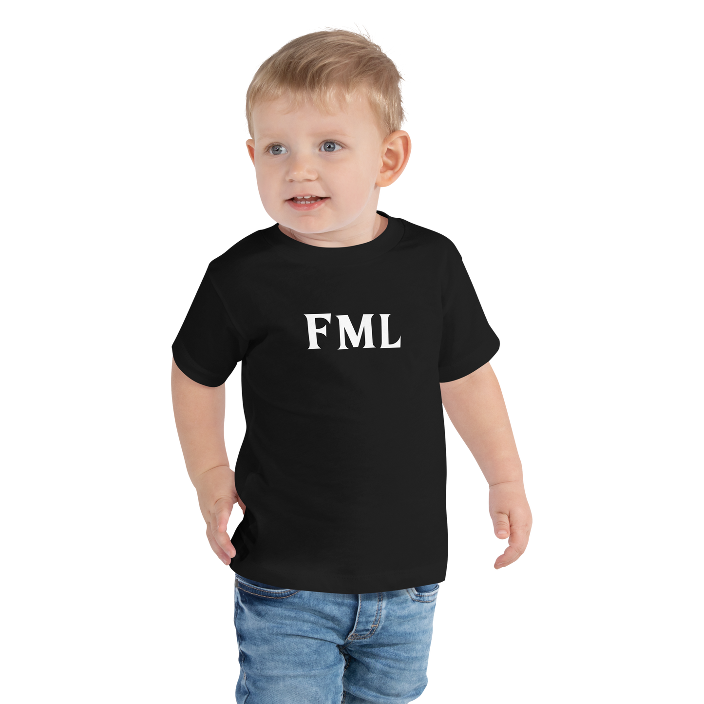 "FML" printed on a black toddler short sleeve tee worn by a male