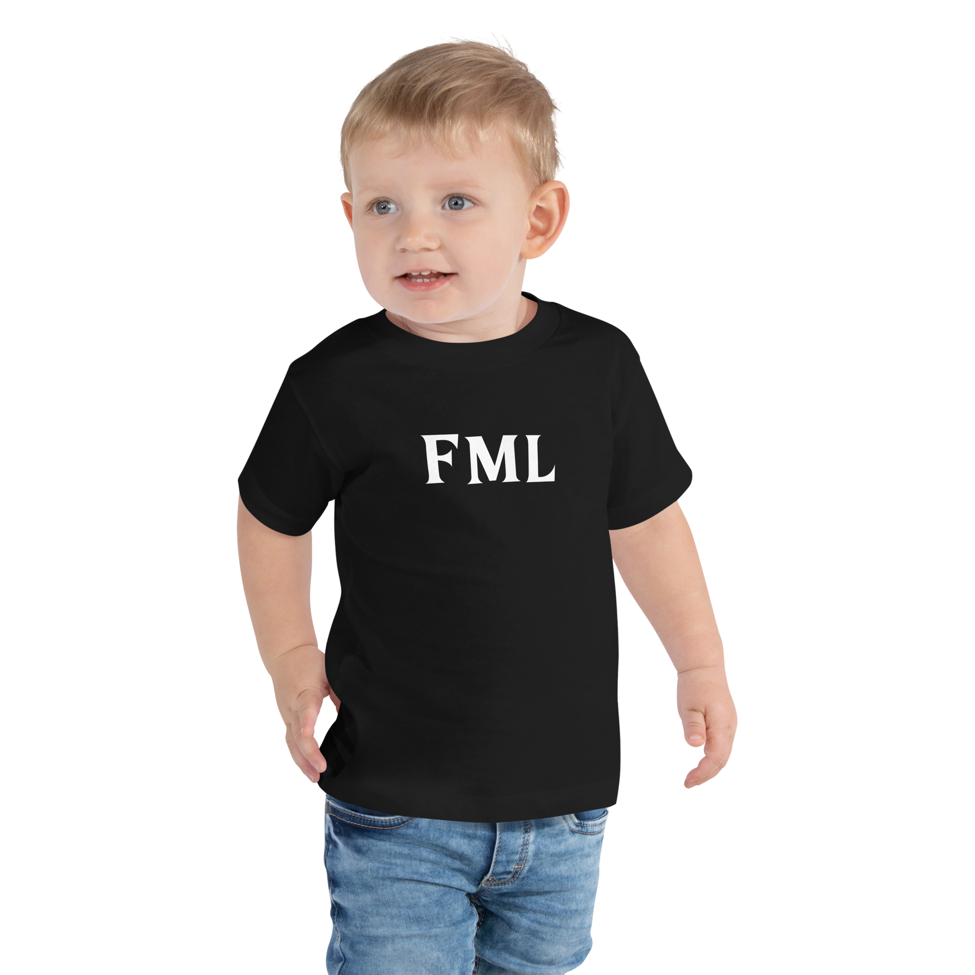 "FML" printed on a black toddler short sleeve tee worn by a male