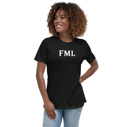 "FML" printed on a black women's relaxed t-shirt worn by a female