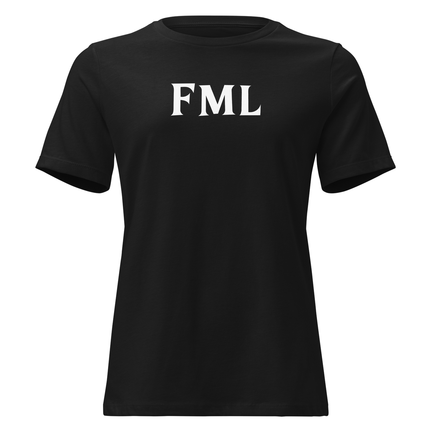 "FML" printed on a black on an invisible / simulated body
