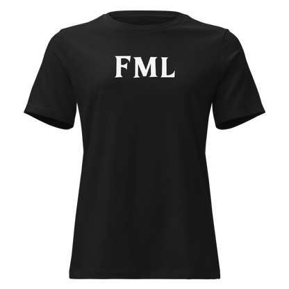 "FML" printed on a black on an invisible / simulated body