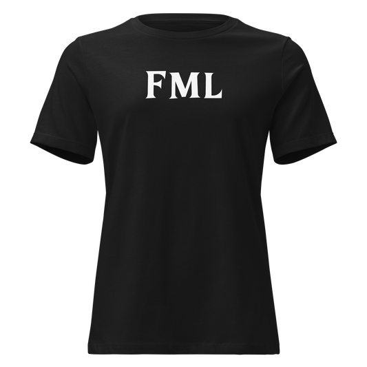 "FML" printed on a black on an invisible / simulated body