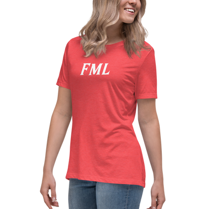 "FML" printed on a heather red women's relaxed t-shirt worn by a female