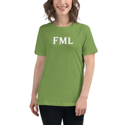 "FML" printed on a leaf women's relaxed t-shirt worn by a female