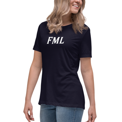 "FML" printed on a navy women's relaxed t-shirt worn by a female