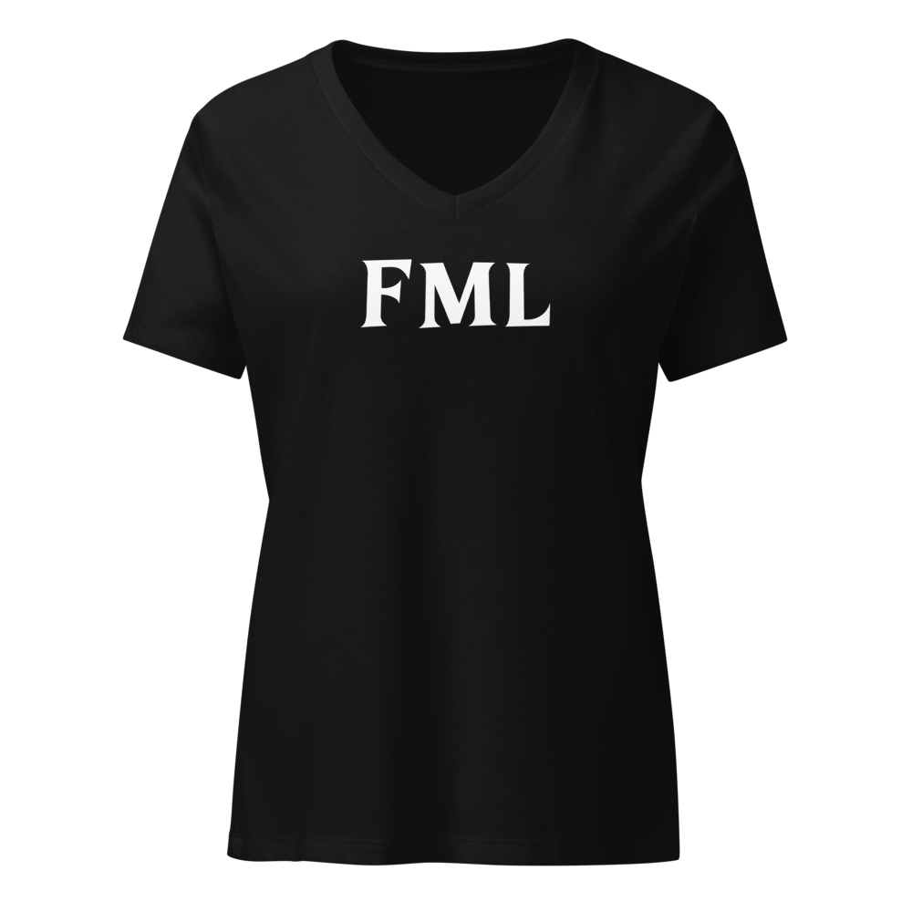 "FML" printed on a solid black blend on an invisible / simulated body