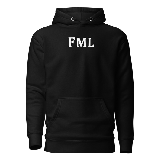 "FML" printed on a black on an invisible / simulated body