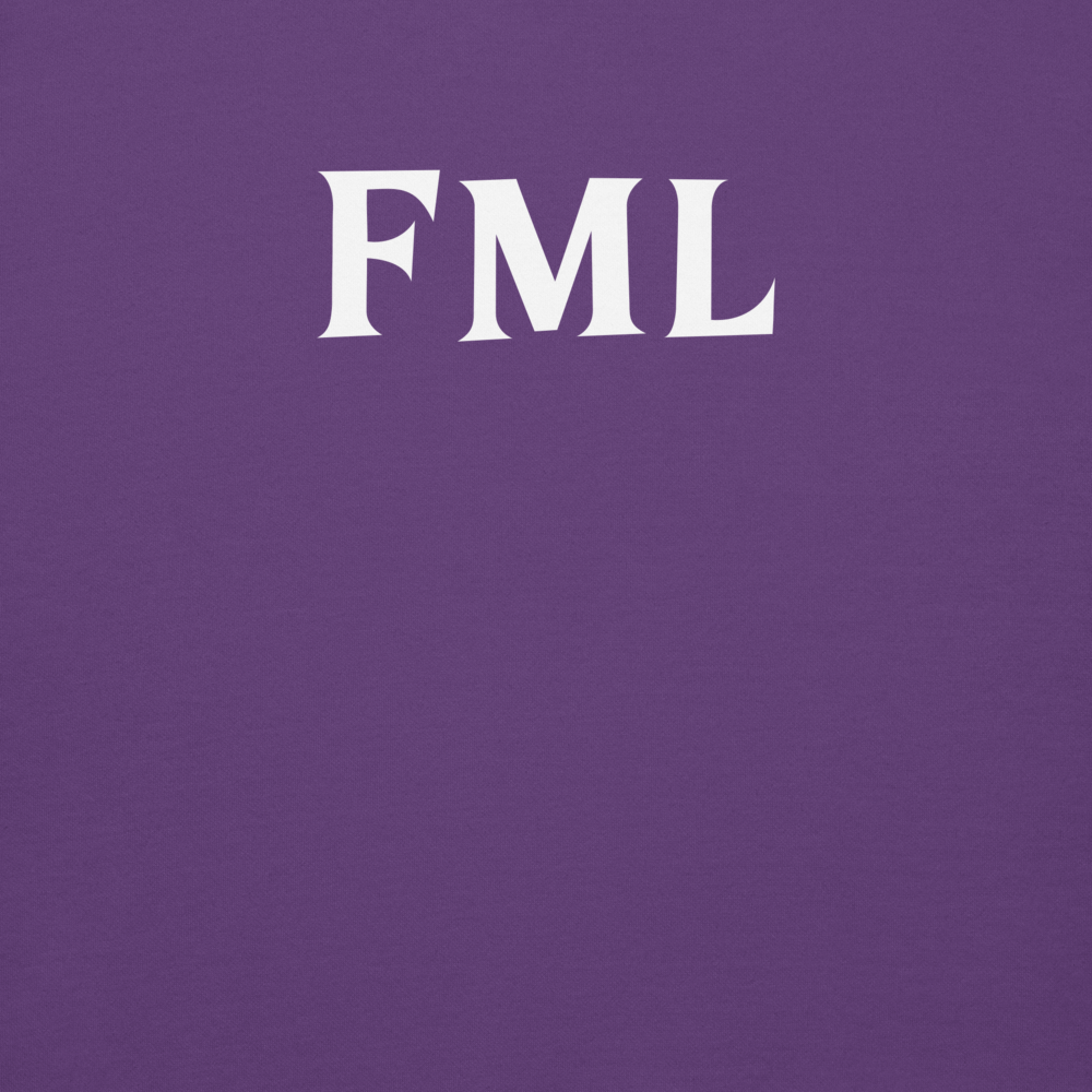 "FML" printed on a purple background